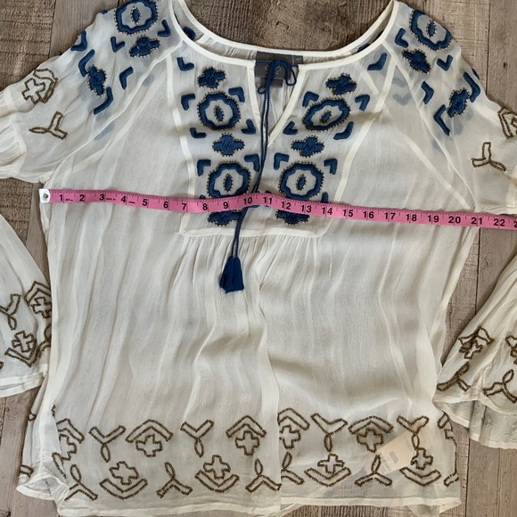 Anthropologie Diem Ivory Chiffon Embroidered Beaded Boho Flounce Peasant Top 6 - Picture 13 of 15